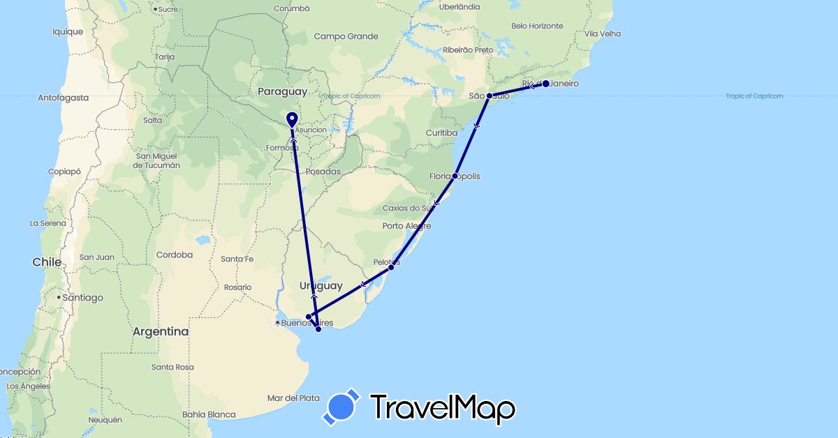 TravelMap itinerary: driving in Brazil, Paraguay, Uruguay (South America)
